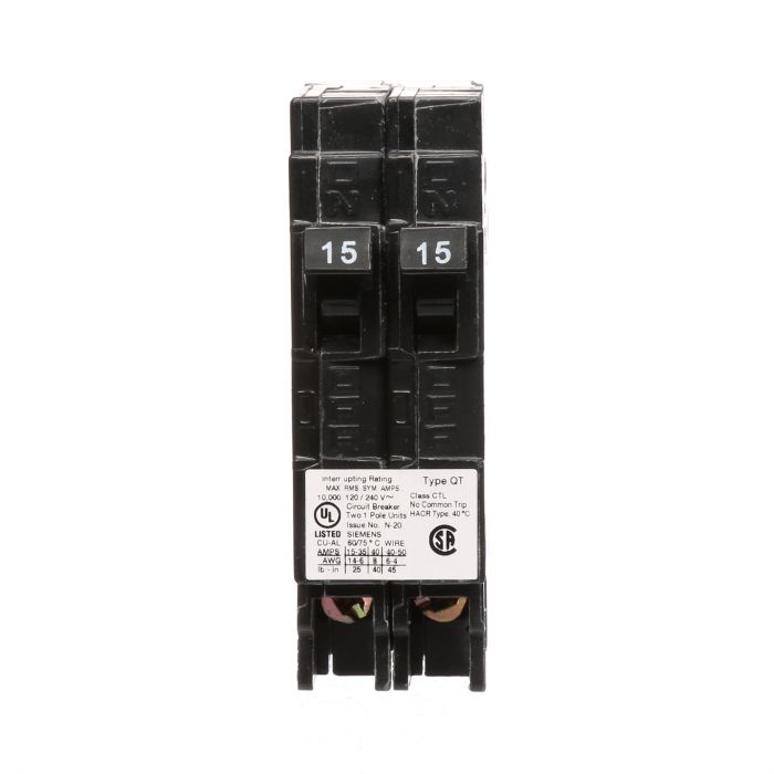 Disjoncteur jumelé Siemens QT 15/15A 120V enfichable 1/2 pouce par pôle pour panneau résidentiel