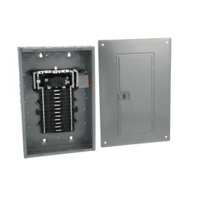 Panneau électrique QO 24 espaces 100A avec disjoncteur principal et couvercle combo pour installation intérieure.