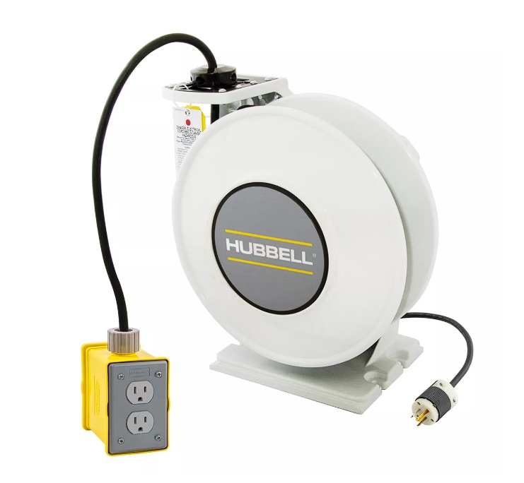 Dévidoir industriel Hubbell 45 pi avec câble SJO 12/3 et boîte de sortie jaune avec prise duplex 20 A pour atelier ou usage industriel.