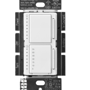 Gradateur Maestro LED+ avec minuterie intégrée pour lumière et ventilateur, installation murale unipolaire.