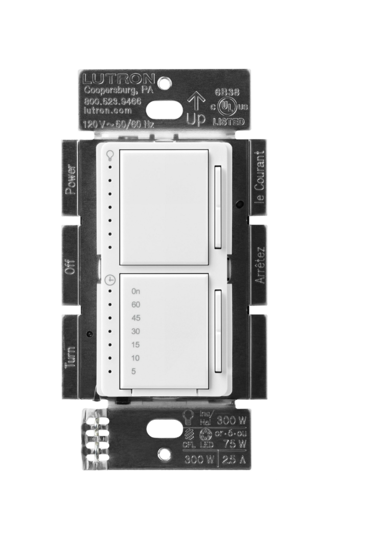 Gradateur Maestro LED+ avec minuterie intégrée pour lumière et ventilateur, installation murale unipolaire.