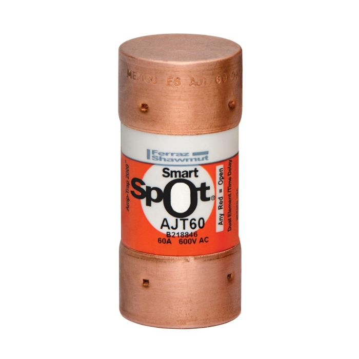 Fusible AJT60 Classe J 600V temporisé 60A avec indicateur SmartSpot, format capsule compact.
