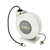 Dévidoir industriel Hubbell 45 pi avec câble SJO 12/3 blanc pour alimentation électrique en atelier ou environnement industriel.