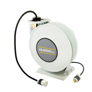 Dévidoir industriel Hubbell 45 pi avec câble SJO 12/3 blanc pour alimentation électrique en atelier ou environnement industriel.