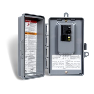 Kit de panneau de spa 60A 120/240V QO avec disjoncteur différentiel bipolaire et boîtier non métallique NEMA 3R pour extérieur.