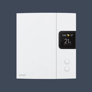 Thermostat intelligent Sinopé TH1144WF avec écran couleur LCD affichant la température, la consommation énergétique et les conditions météo.